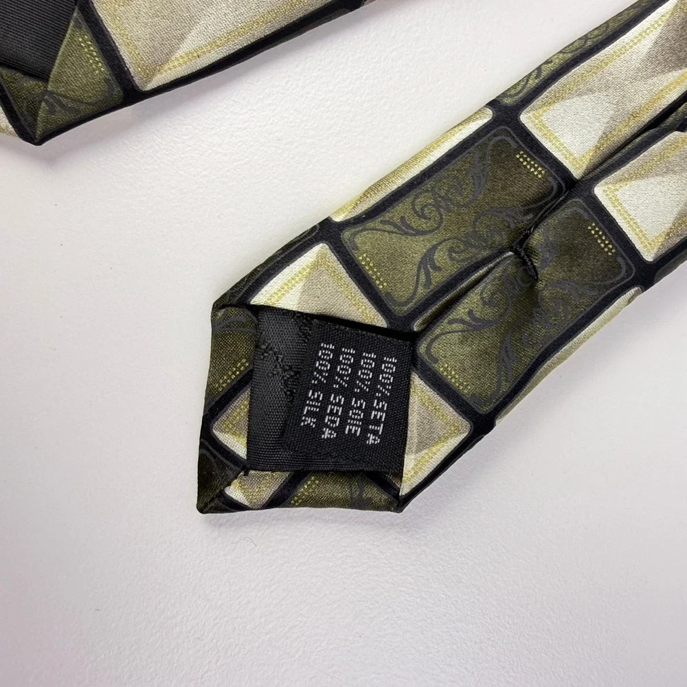 Bergamo New York Mens Handmade Pure‎ Silk Necktie Olive Green Gold Geometric